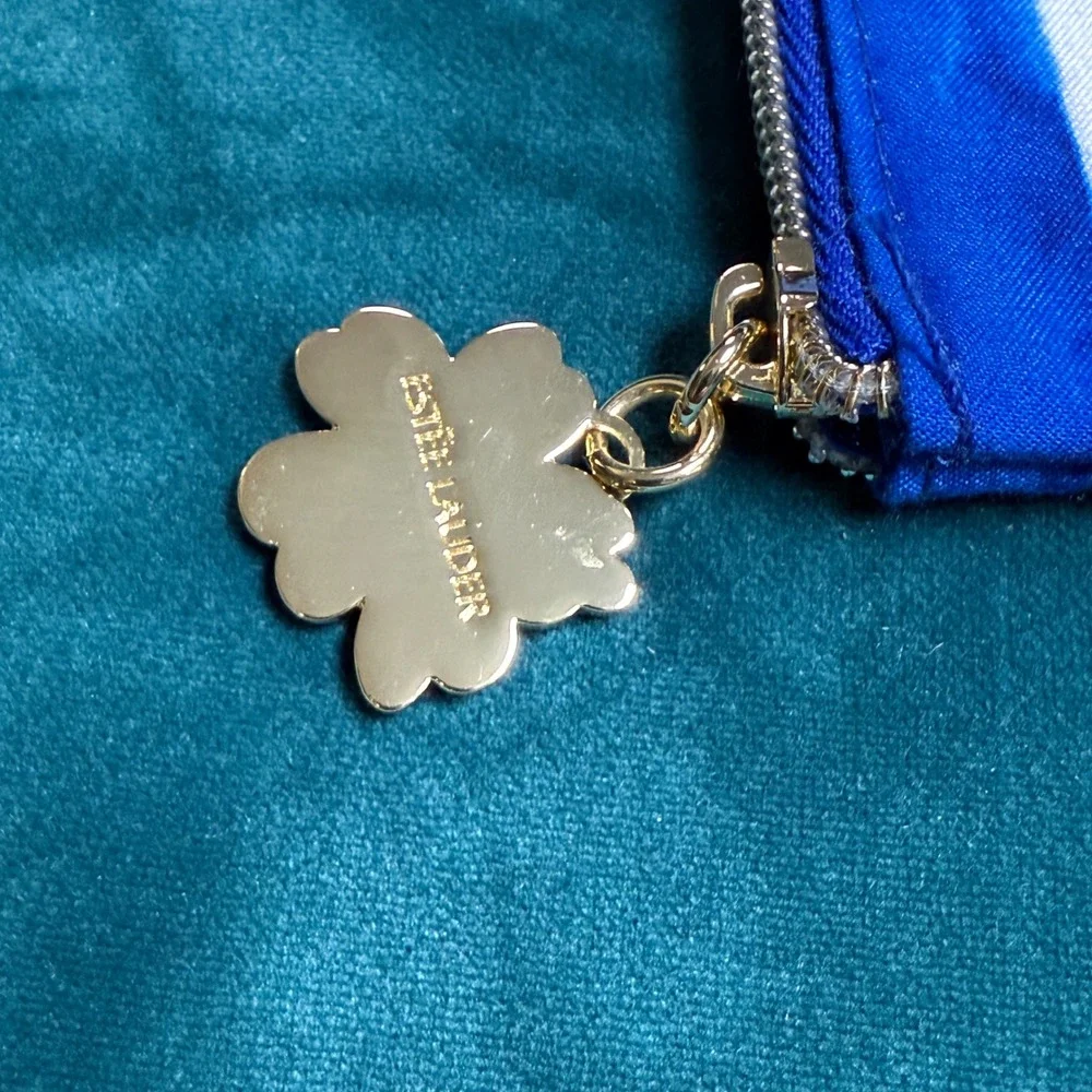 Estee Lauder Blue Floral Print Cosmetic Bag‎ Pouch Zipper Gold Flower Charm